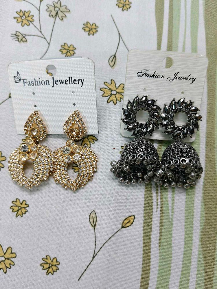 Silver Jhumka And Golden Diamond Earrings