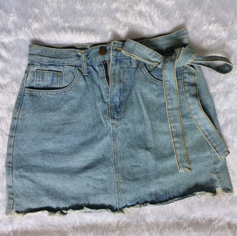 Denim Mini Skirt with Tie