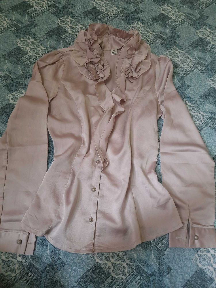New Satin Ruffle Shirt (Beige)