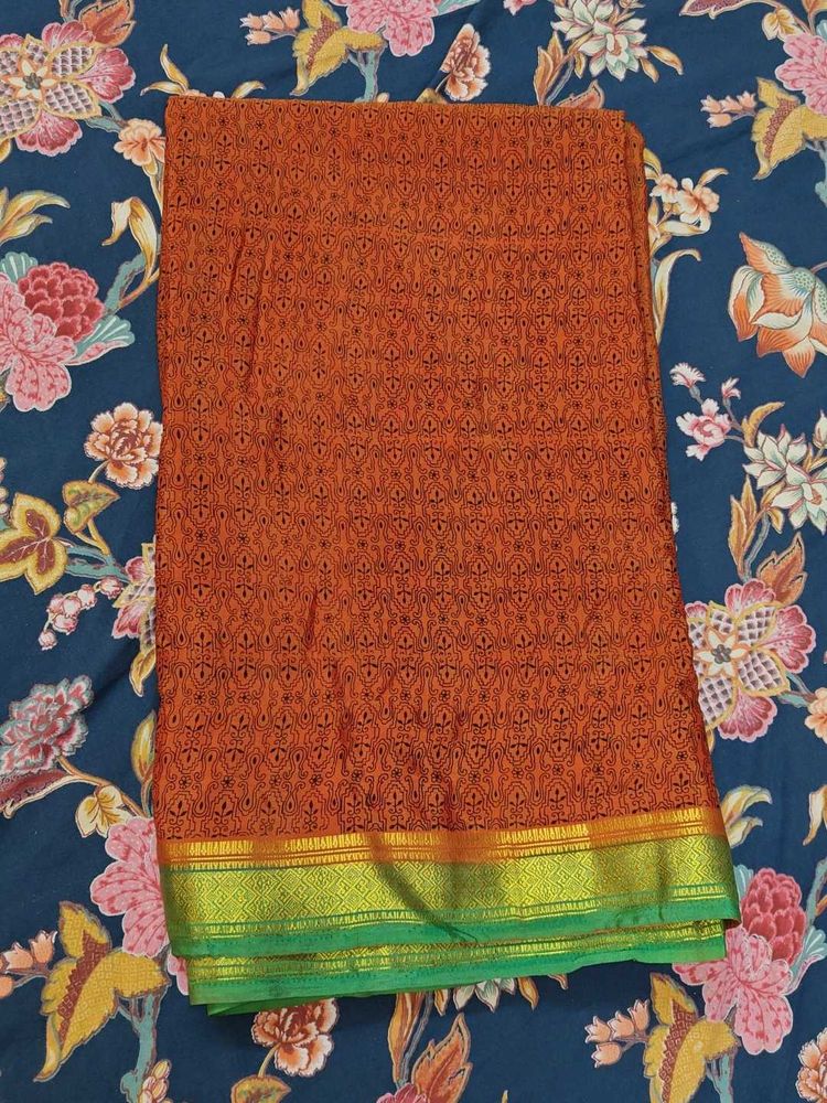 Orange Silk Green Asthetic Pallu Printed Saree