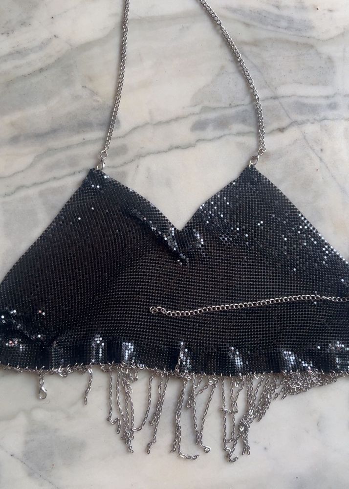 Chainmail sequin backless Top With Fringes