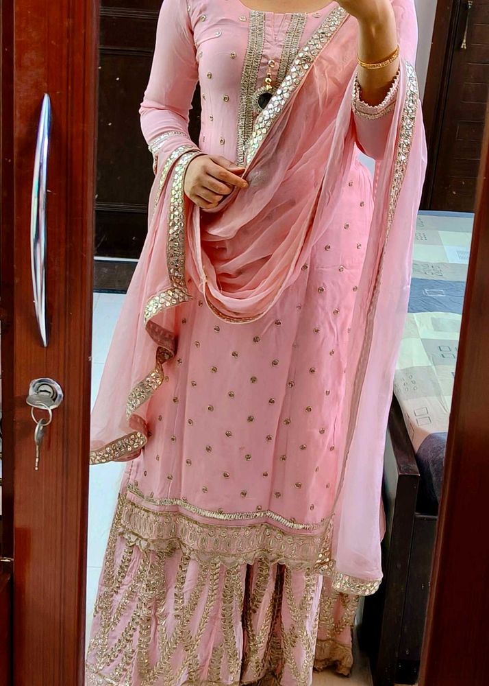 Women Pink Festive Zardozi Mirror Work Skirt Suit