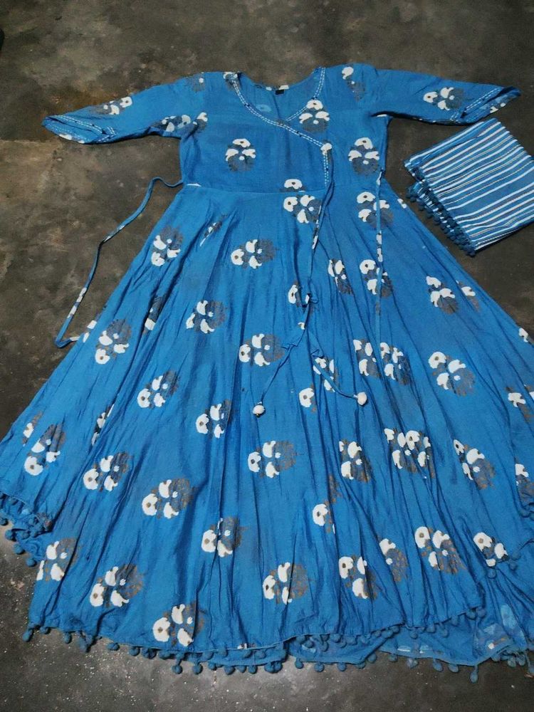 blue anarkali kurti with dupatta set
