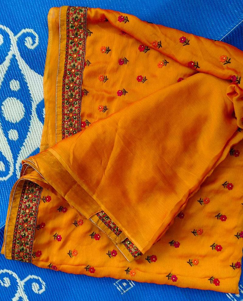 Mustard Floral Embroidered Saree