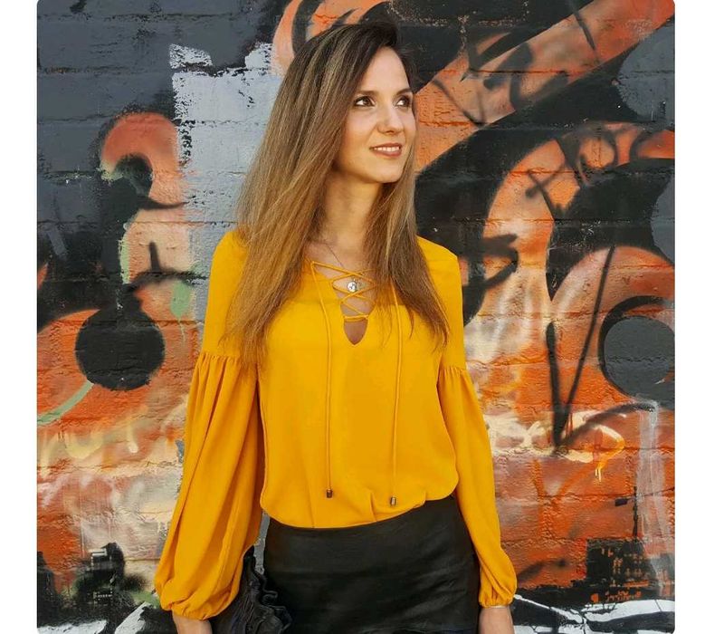 ZARA Mustard Bodysuit Blouse with Balloon Sleeves