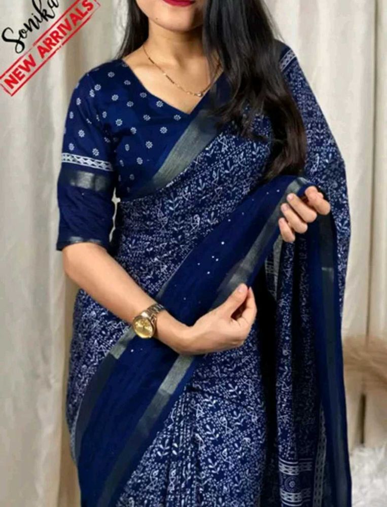 New Elegant Blue Printed Saree With Blouse Piece