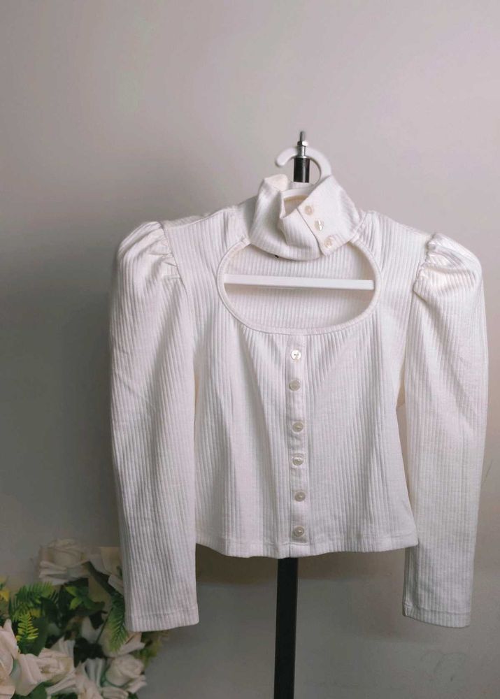 Cutout Ribbed Button-Up Top