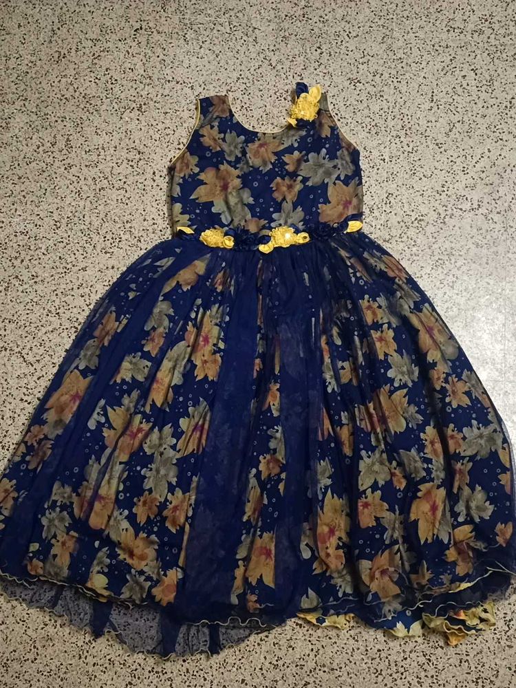 Blue Floral Long Frock Or Dress For Girls