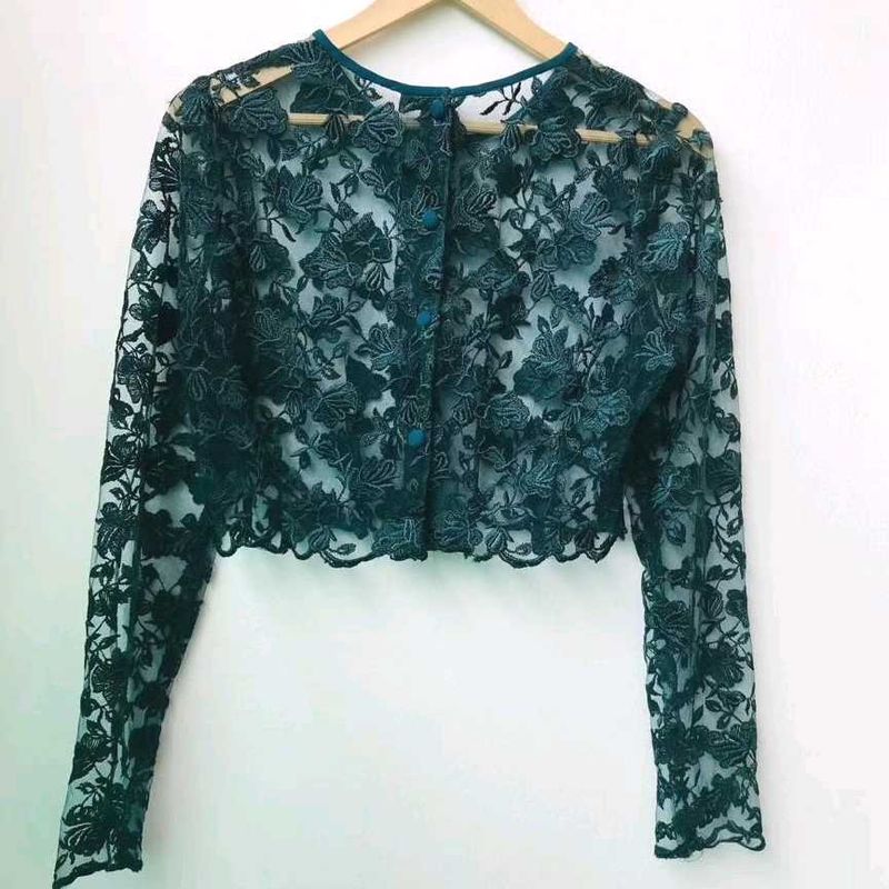 Korean Crop Sheer Floral Green Top