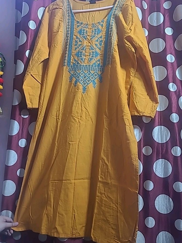 Blue Embroidery Mustard Kurti
