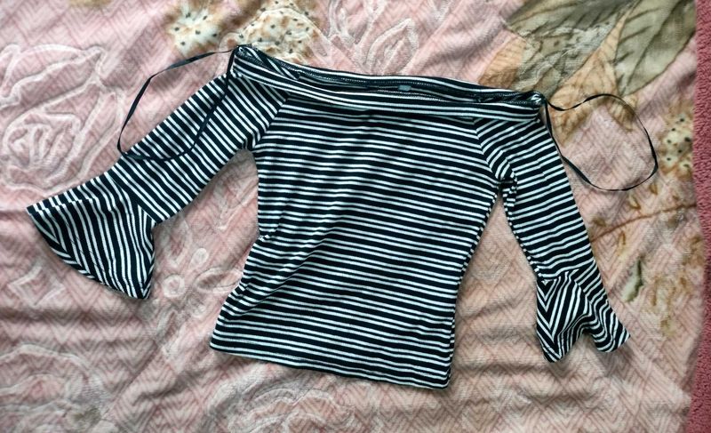 Stripped Off Shoulder Flare Sleeve Top