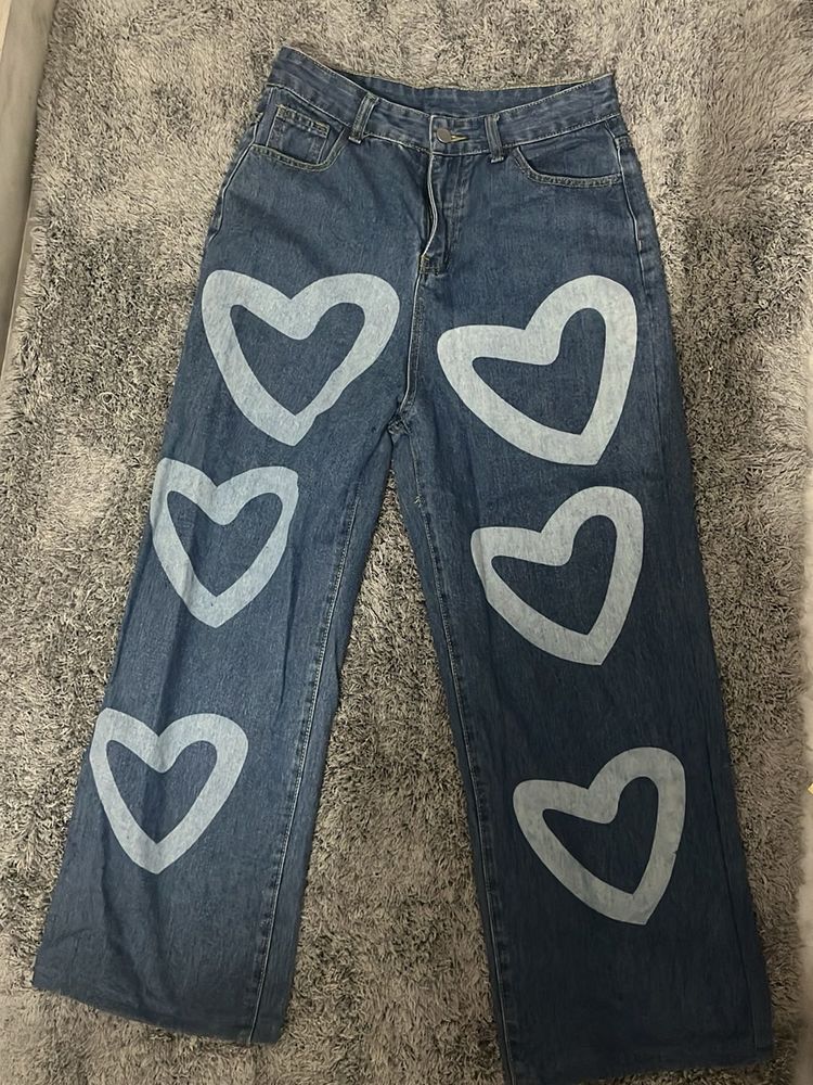 Heart Print Wide Leg Jeans