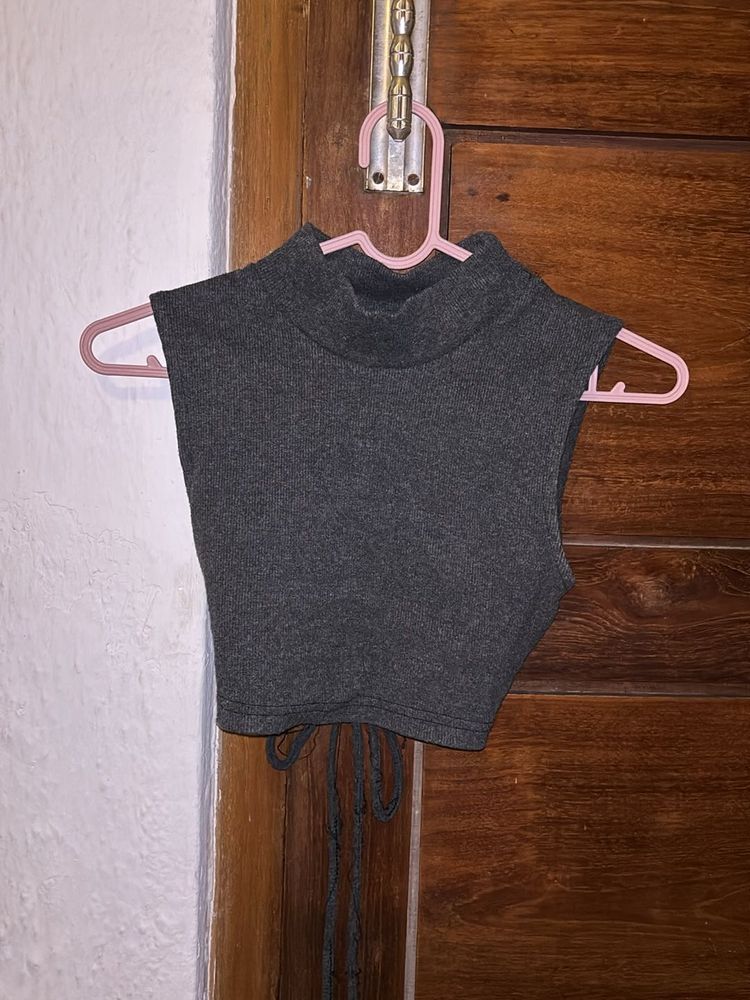 Gray Mock Neck Sleeveless Open Back Crop Top