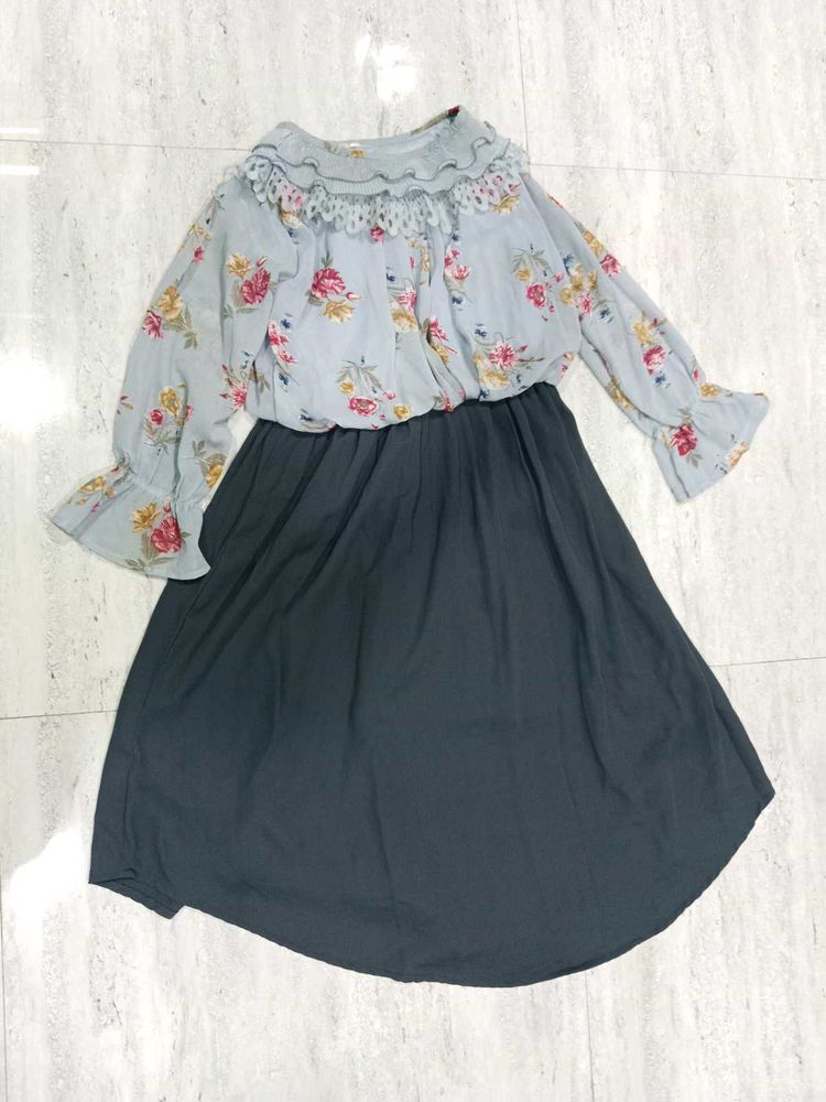 Floral &amp; Solid Contrast Dress