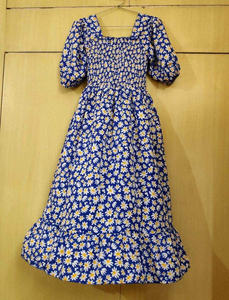 New Unused Floral Blue Fit And Flare Dress