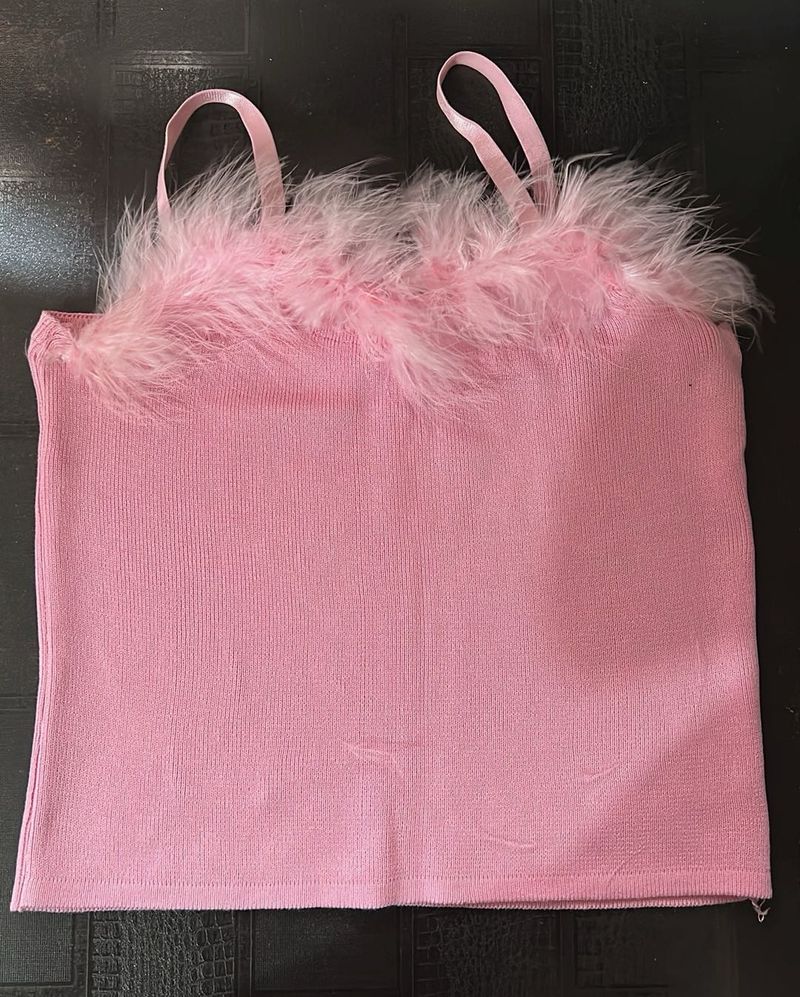 Pink Feather Trim Tank Top
