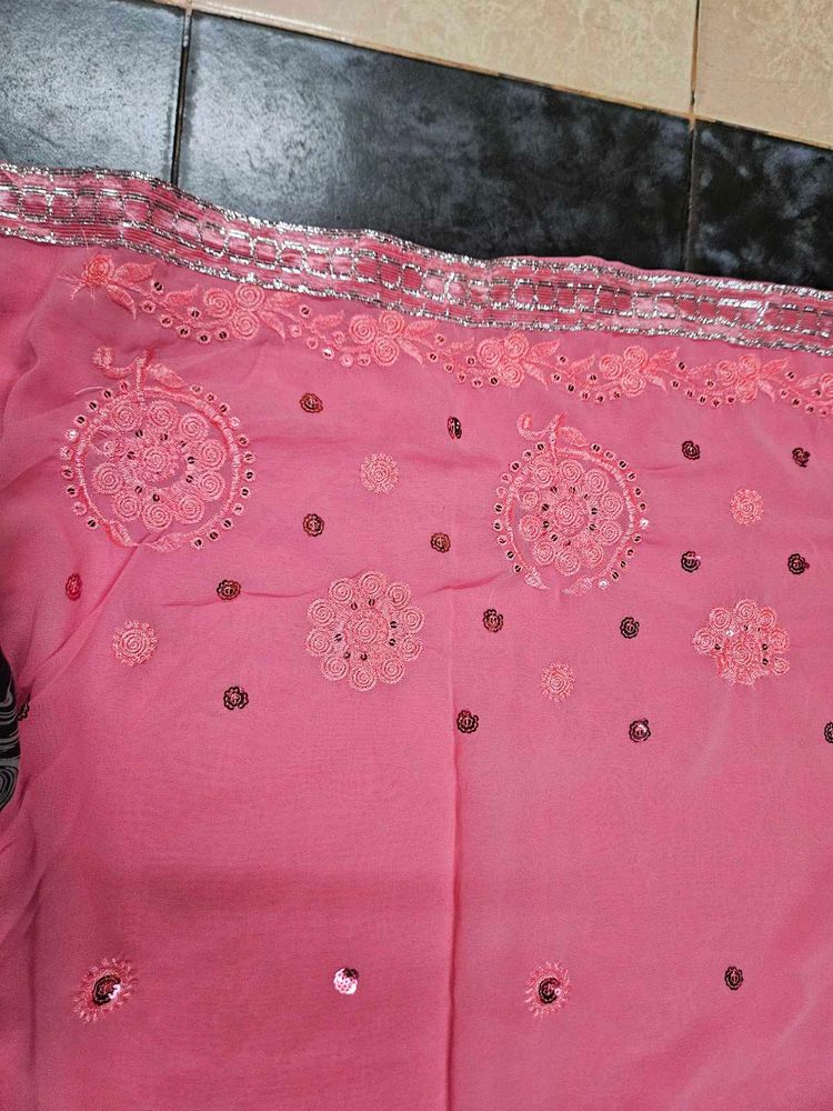Baby Pink Saree With Stiched Blouse