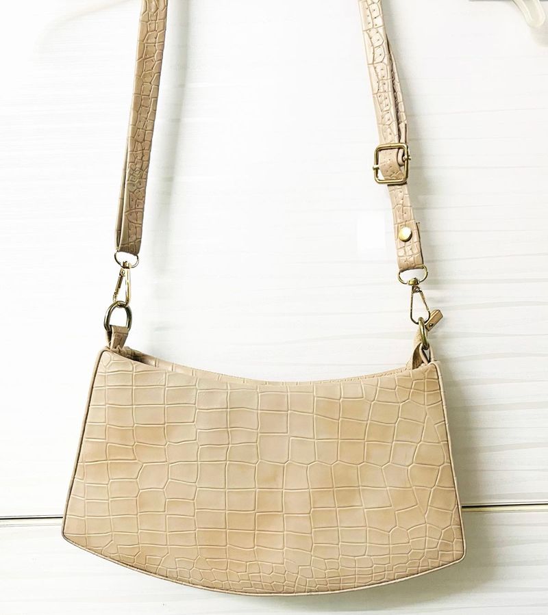 Beige Croc Embossed Shoulder Bag