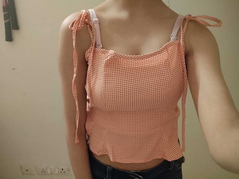 TOKYO TALKIES Cute Orange Gingham Crop Top Peplum