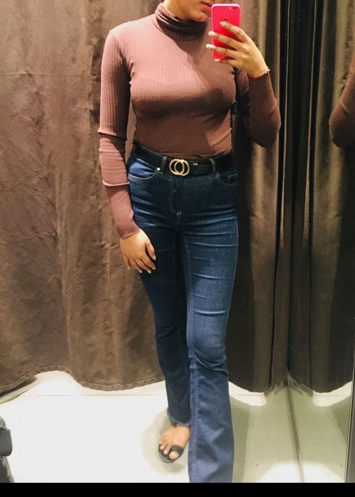 Zara Brown Ribbed Turtleneck Top