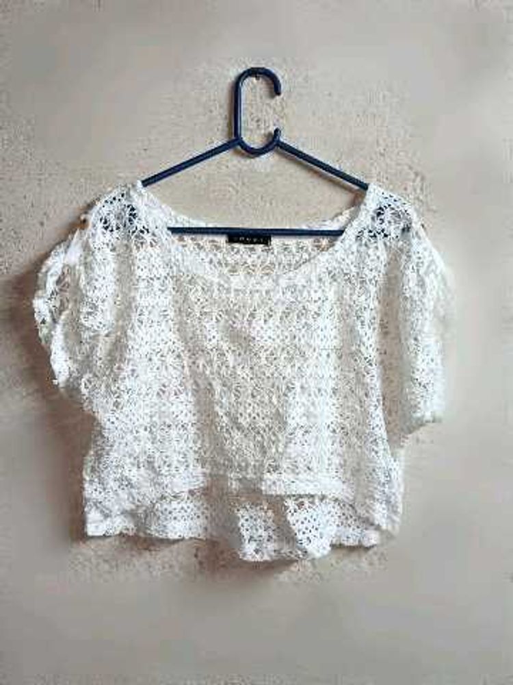 See-through Lace Crop Top Sleeveless White