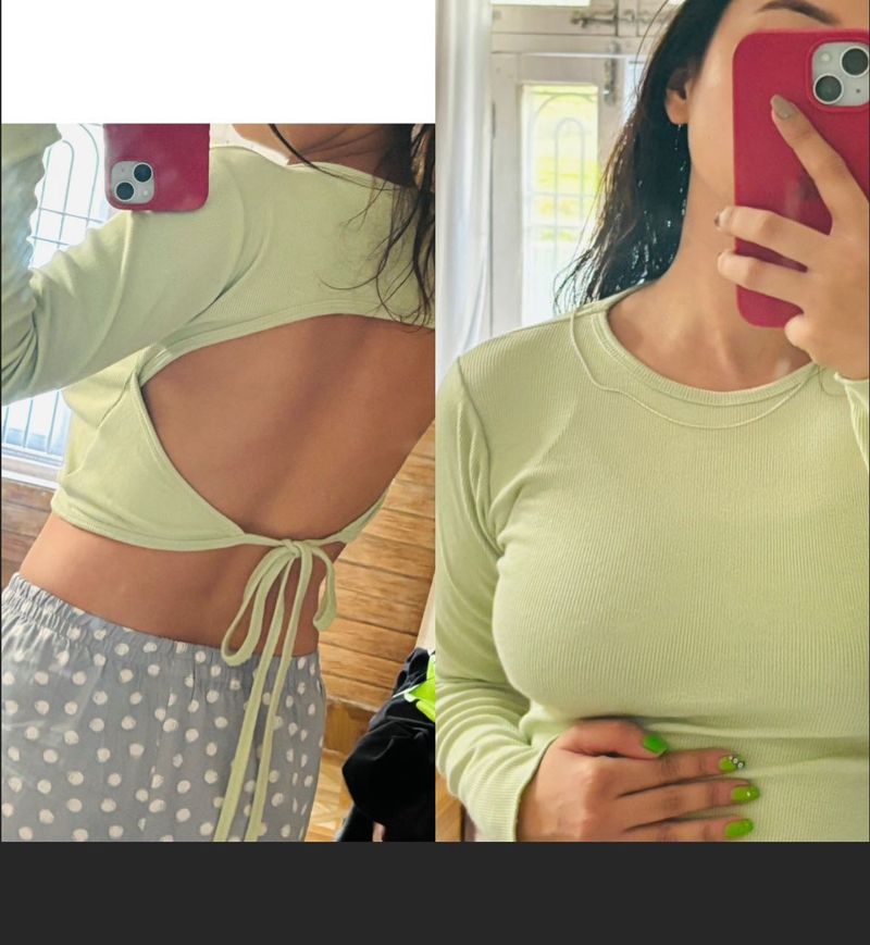 Lime Green Open Back Long Sleeve Crop Top