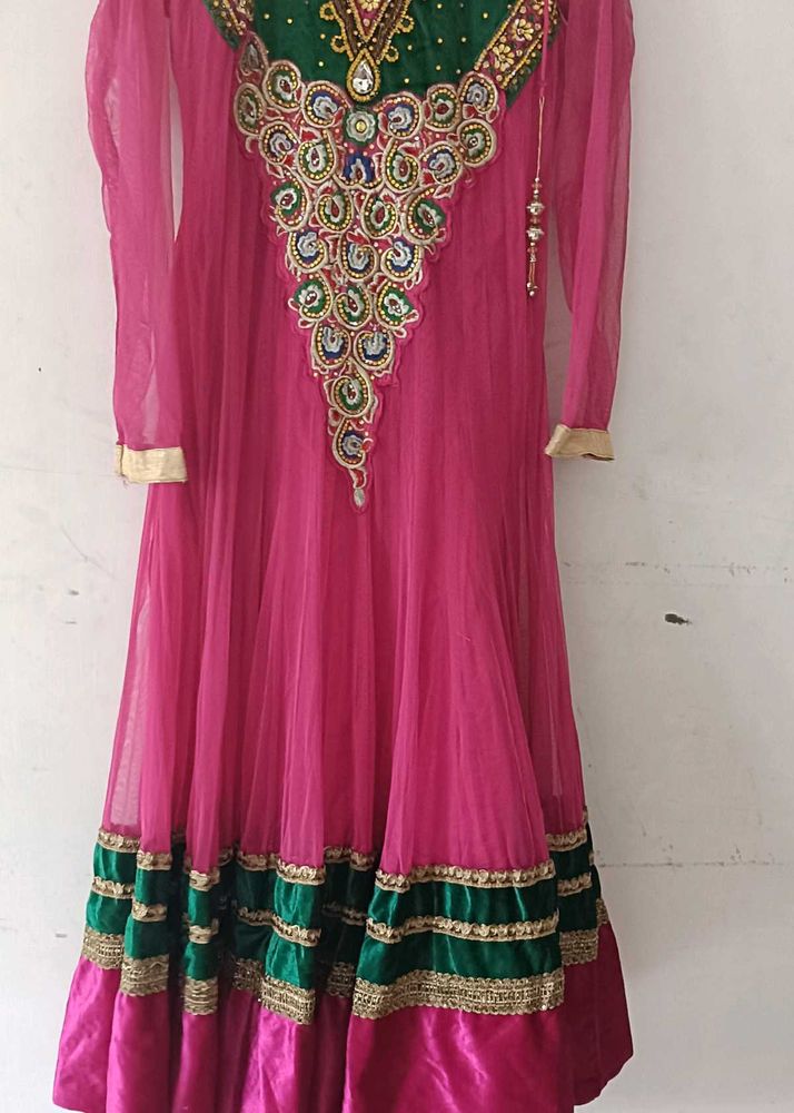 Pink &amp; Green Embellished Anarkali