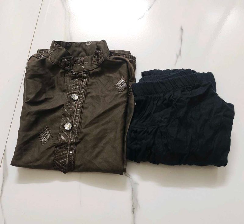 Kids Brown Worked Kurta Pajama Set (2-3 Years)