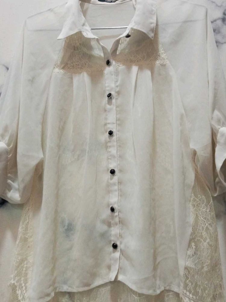 Sheer Lace Accent Button Down