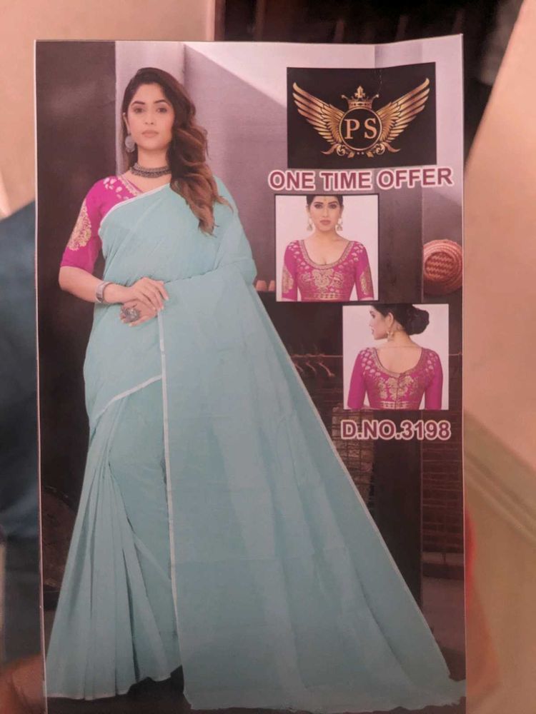 Elegant Cotton Ice Blue Saree with design blouse