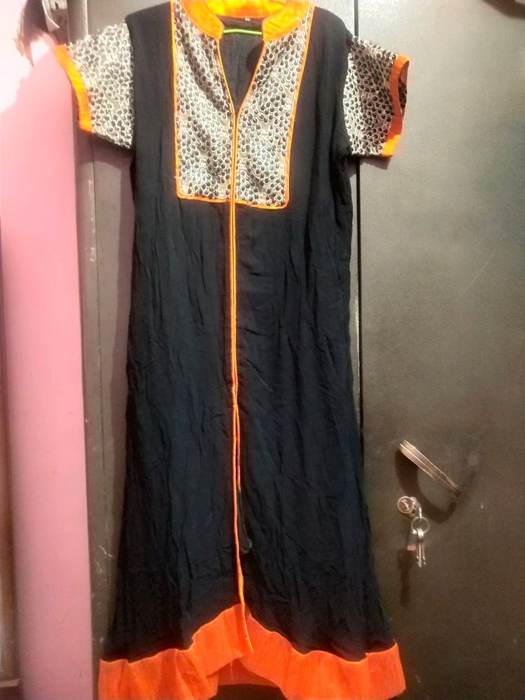 Long Kurti Orange And Black With GOlden Patch Work