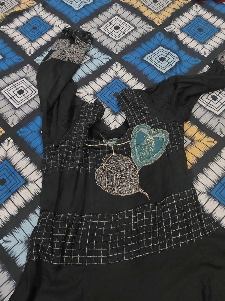 Embroidered Black Frock Style Kurta With Duppta