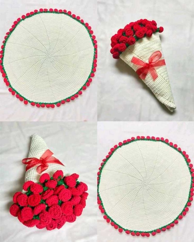 Handmade Crocheted Rose Bouquet &amp; Doily