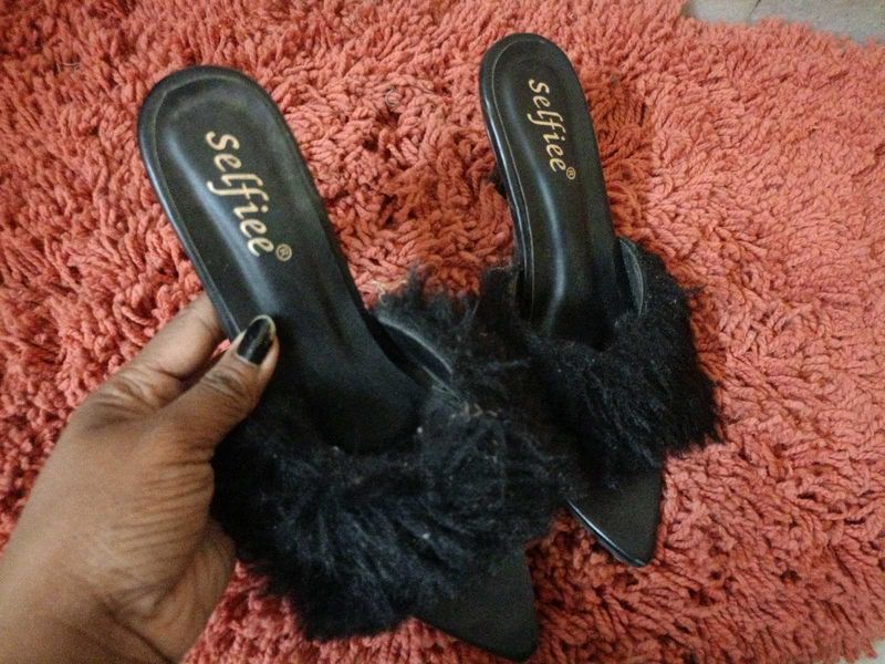 Stylish Black Faux Fur Heels