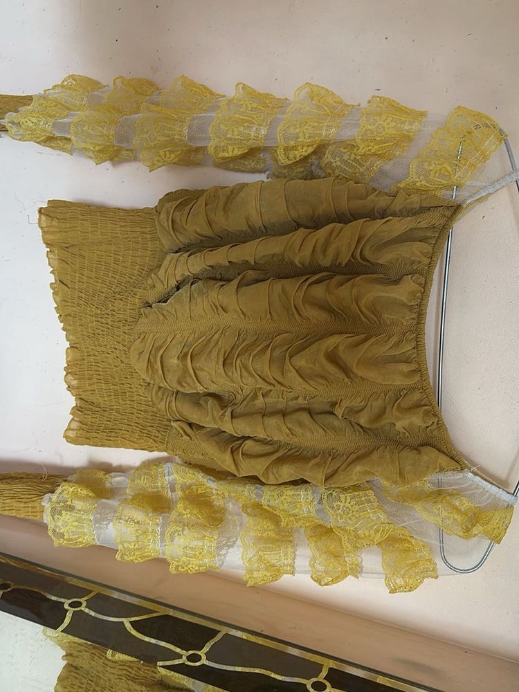 ✨ Trendy Mustard Yellow Smocked Crop Top with Ruff