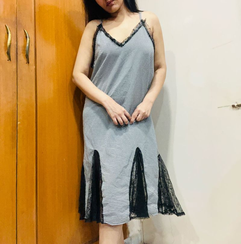 Checkered Lace Trim Slip Dress
