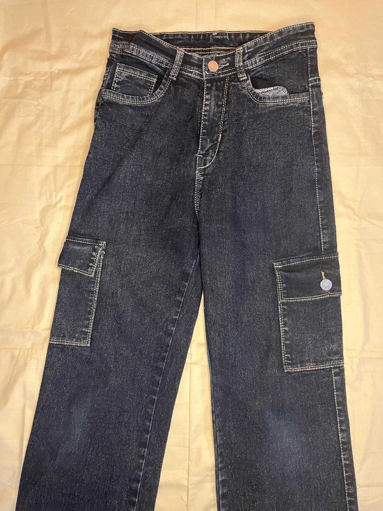 Dark-Wash Denim Cargo Jeans