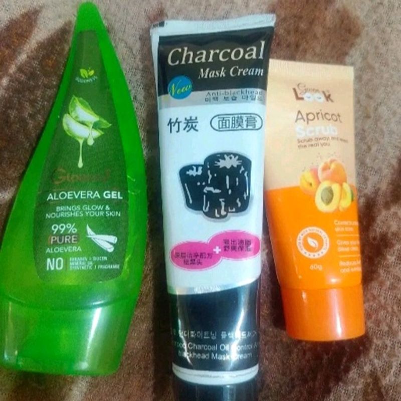 Combo Of Aelovera Gel, Charcoal Facemask And Scrub