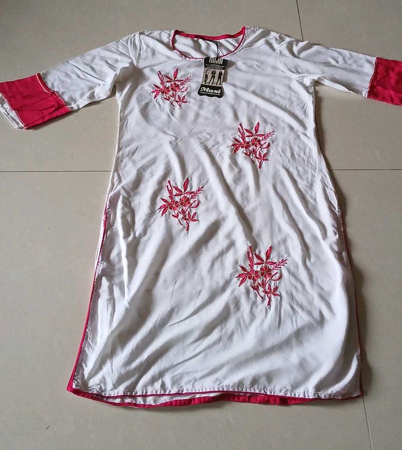 White Kurti With Pink Embroidery Light WeightKurti