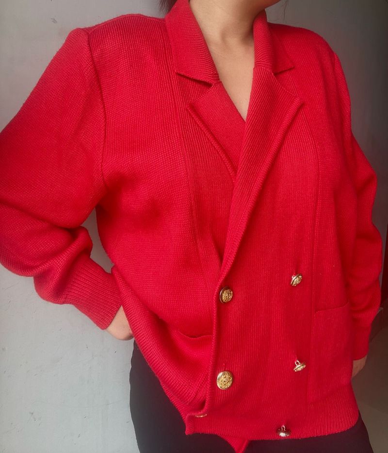 Red Double-Breasted Knit Sweater
