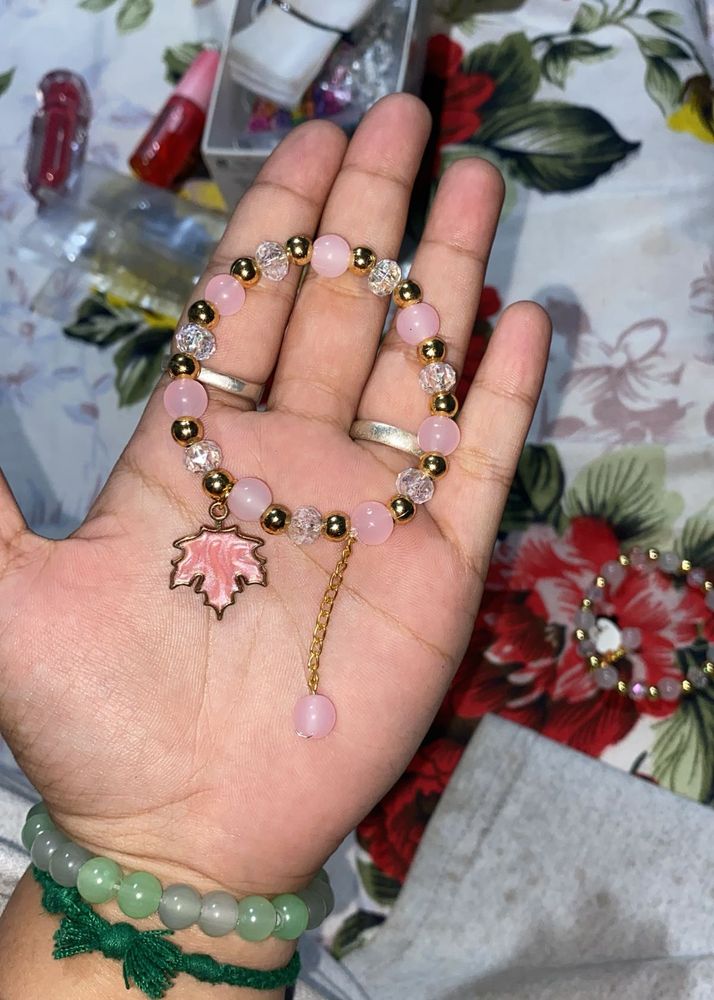 Pink Maple Leaf And Penguin Beaded Bracelet