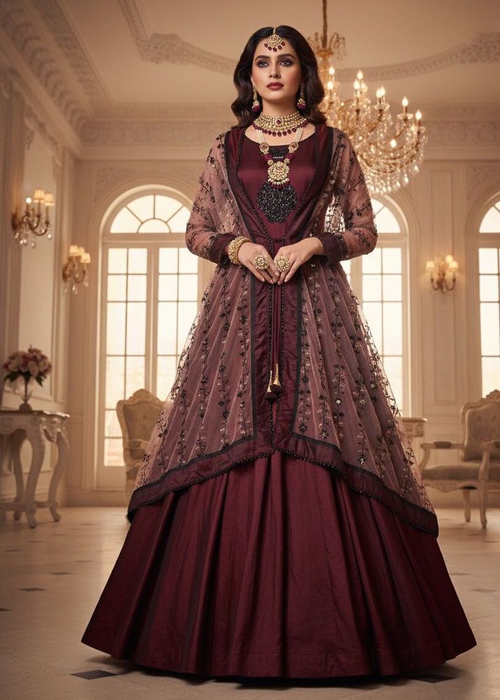 Elegant Ball Gown Maroon Dress with Heavy Dupatta