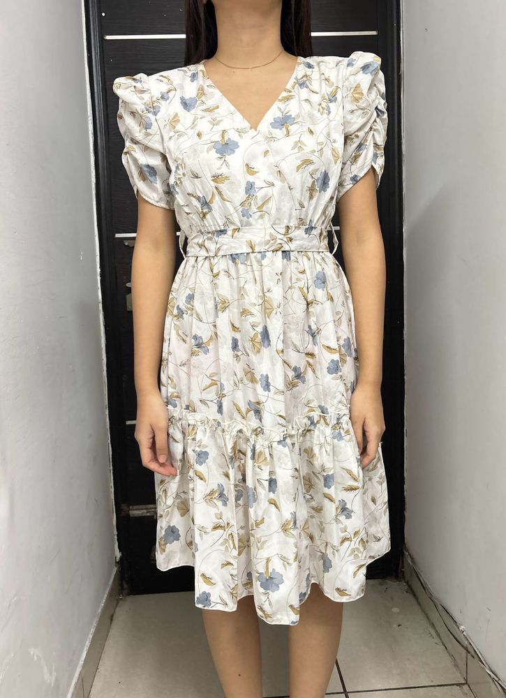 White Floral Knee Length Dress