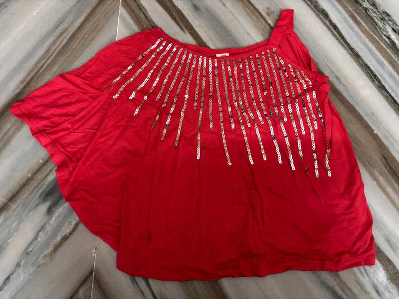 Red Sequin Embellished One-Shoulder Top