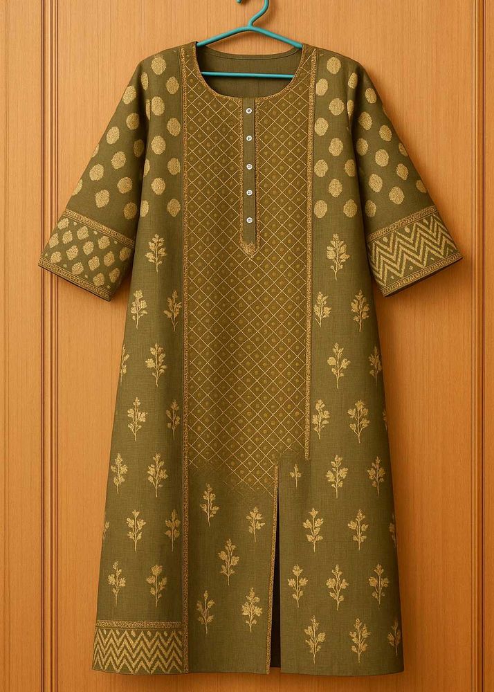 Olive Green &amp; Gold Print Kurti