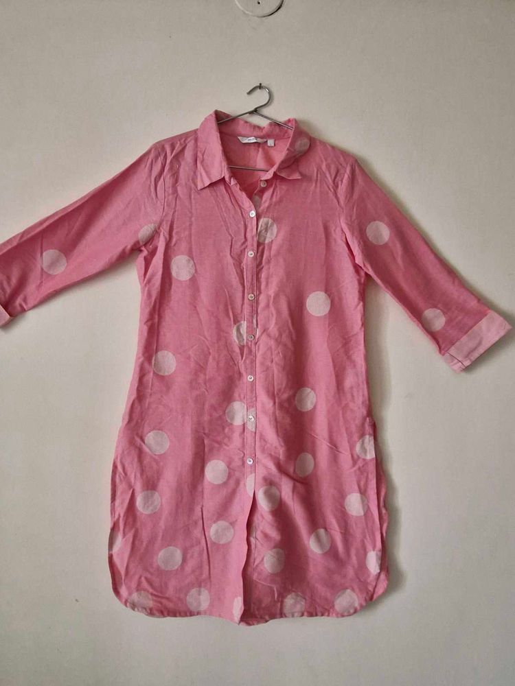 Pink Polka Dot Button-Down Tunic