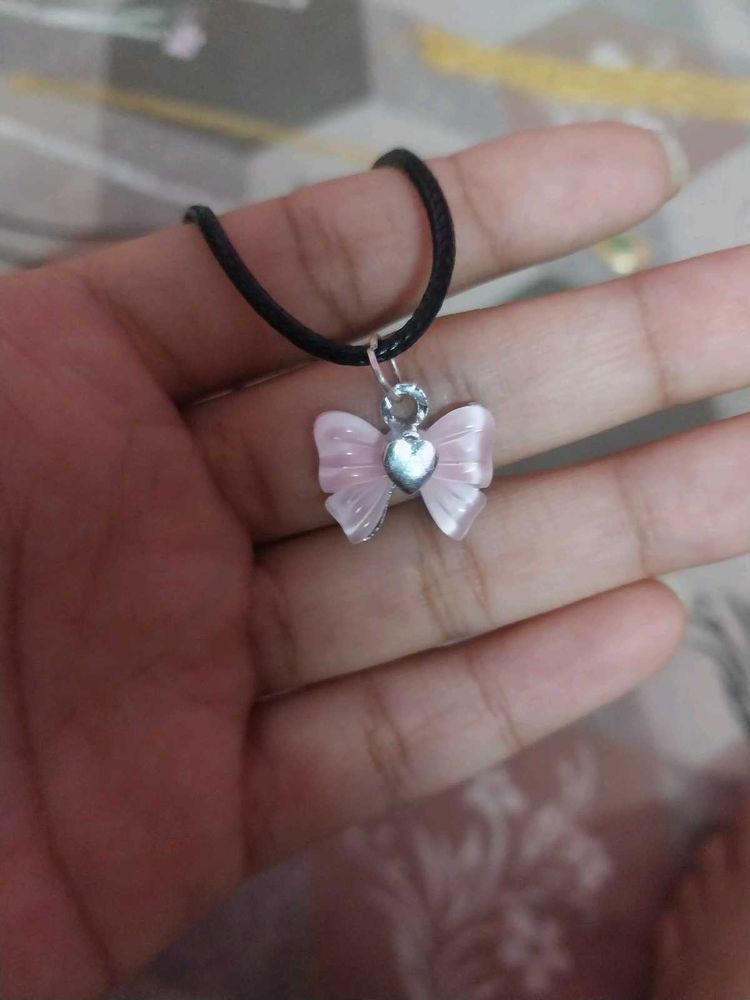 Pink Bow Heart Charm Necklace And Moon Chain