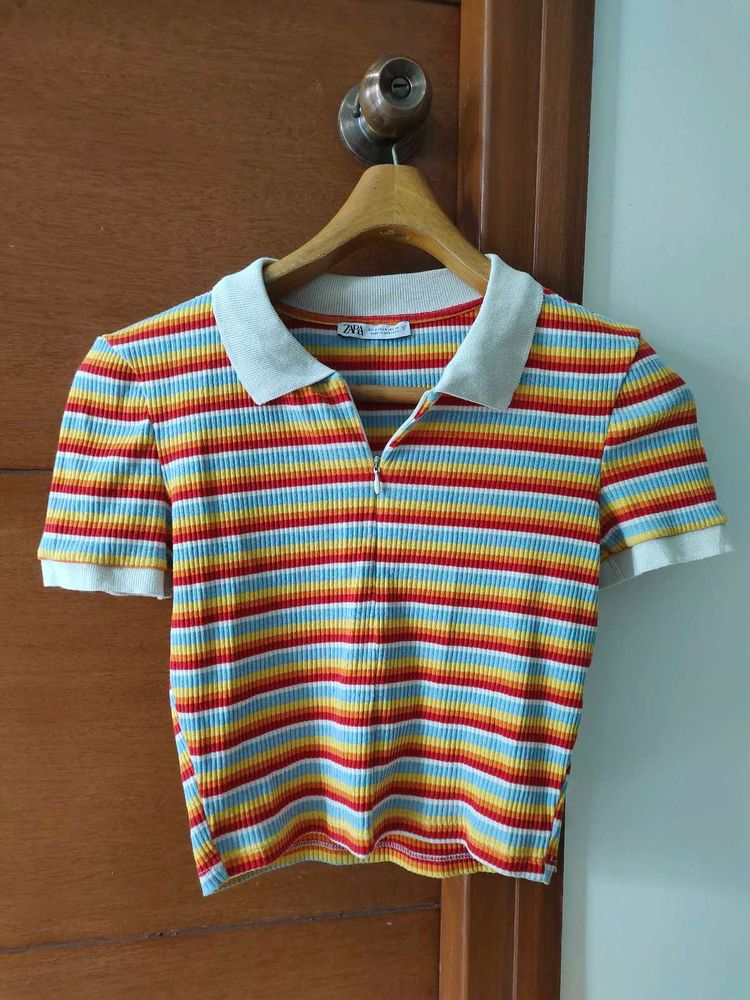 Colourful Striped Short Sleeve Clollared Y2K Top🌈