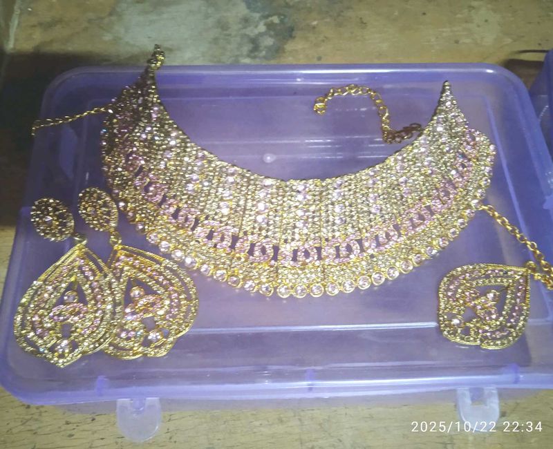 Elegant Gold &amp; Pink Rhinestone Jewelry Set