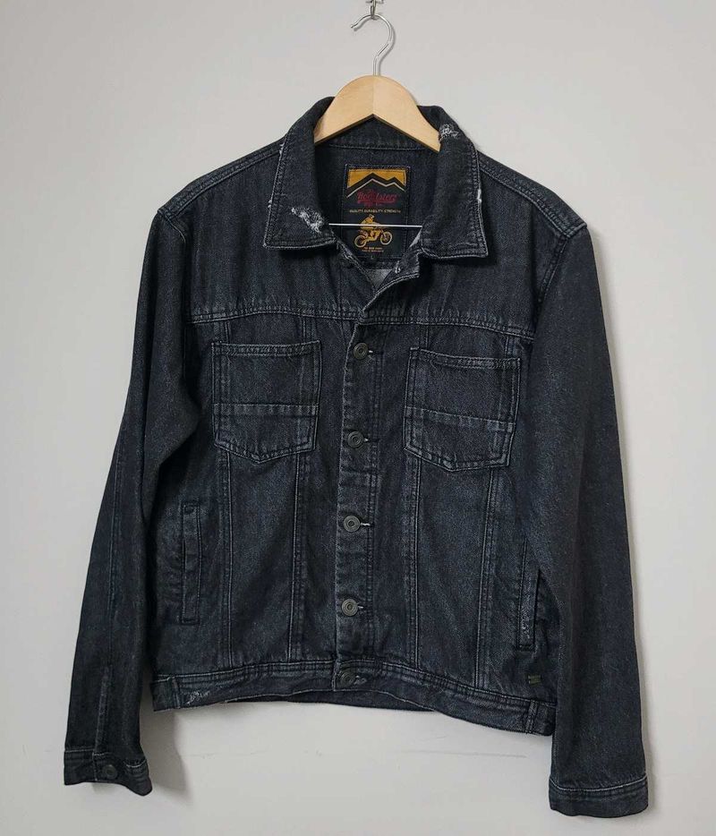 Men Black Solid Denim Jacket
